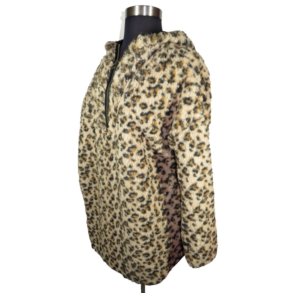 Women's Leopard Print Sherpa Hooded Pullover Jacket -Pockets- Plus 3XL